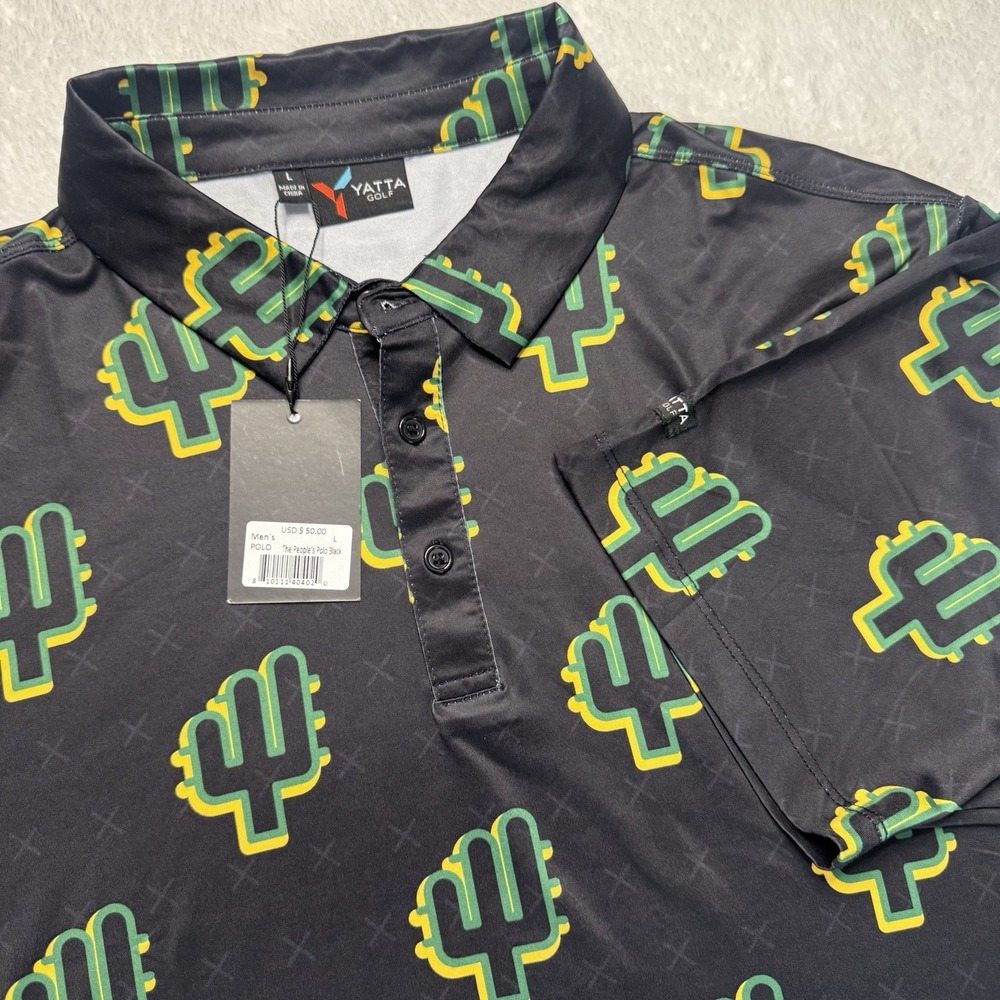 Yatta Golf Polo Shirt Mens‎ Large Black The Peoples Polo Cactus Print Active NWT